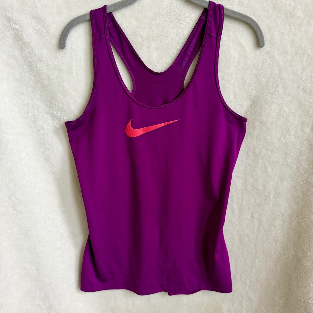 Nike Pro Purple Racerback Tank Top Size Medium Dri Fit Orange Swoosh Athletic